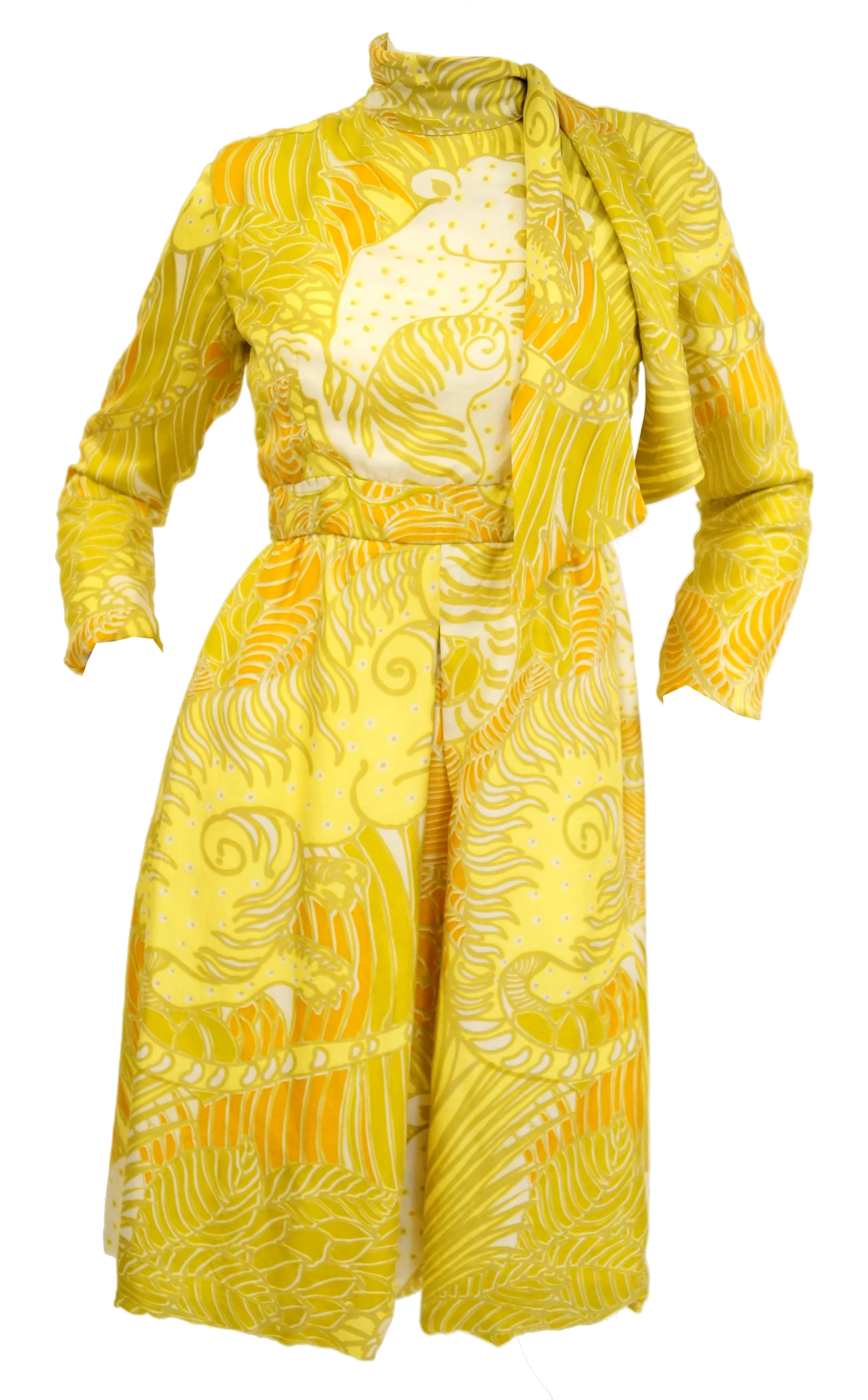 1960s George Halley Citrine Yellow Grinning Tiger Dress