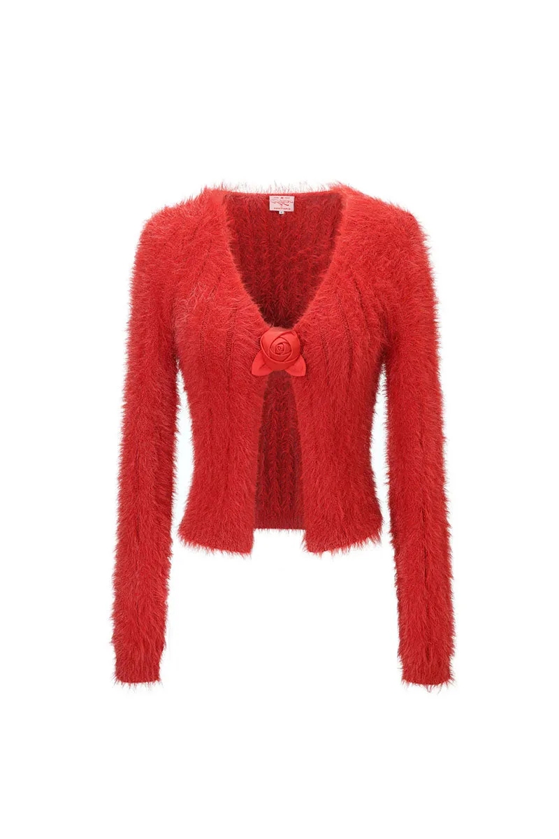 BRICK RED ROSE CARDIGAN