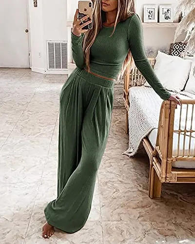 BTFBM Women Two Piece Lounge Set Long Sleeve Bodycon Christmas Crop Top Loose Wide Leg Pant Casual Outfits Sweatsuit(Solid Army Green, Medium)