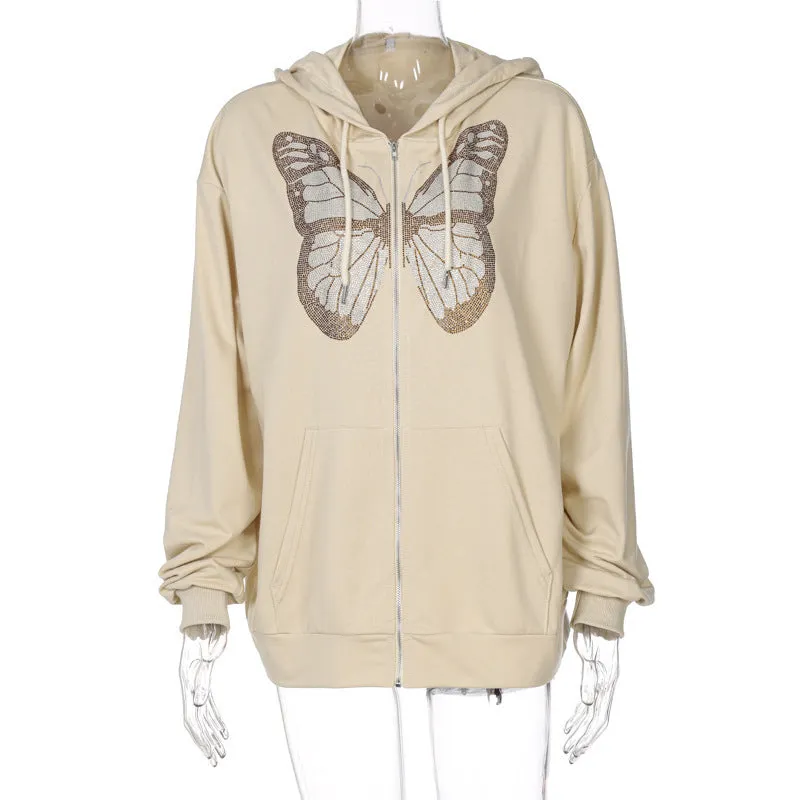 butterfly hot diamond zipper hooded