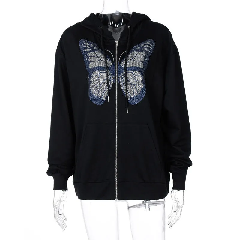 butterfly hot diamond zipper hooded