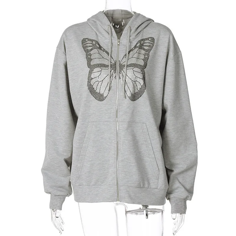 butterfly hot diamond zipper hooded