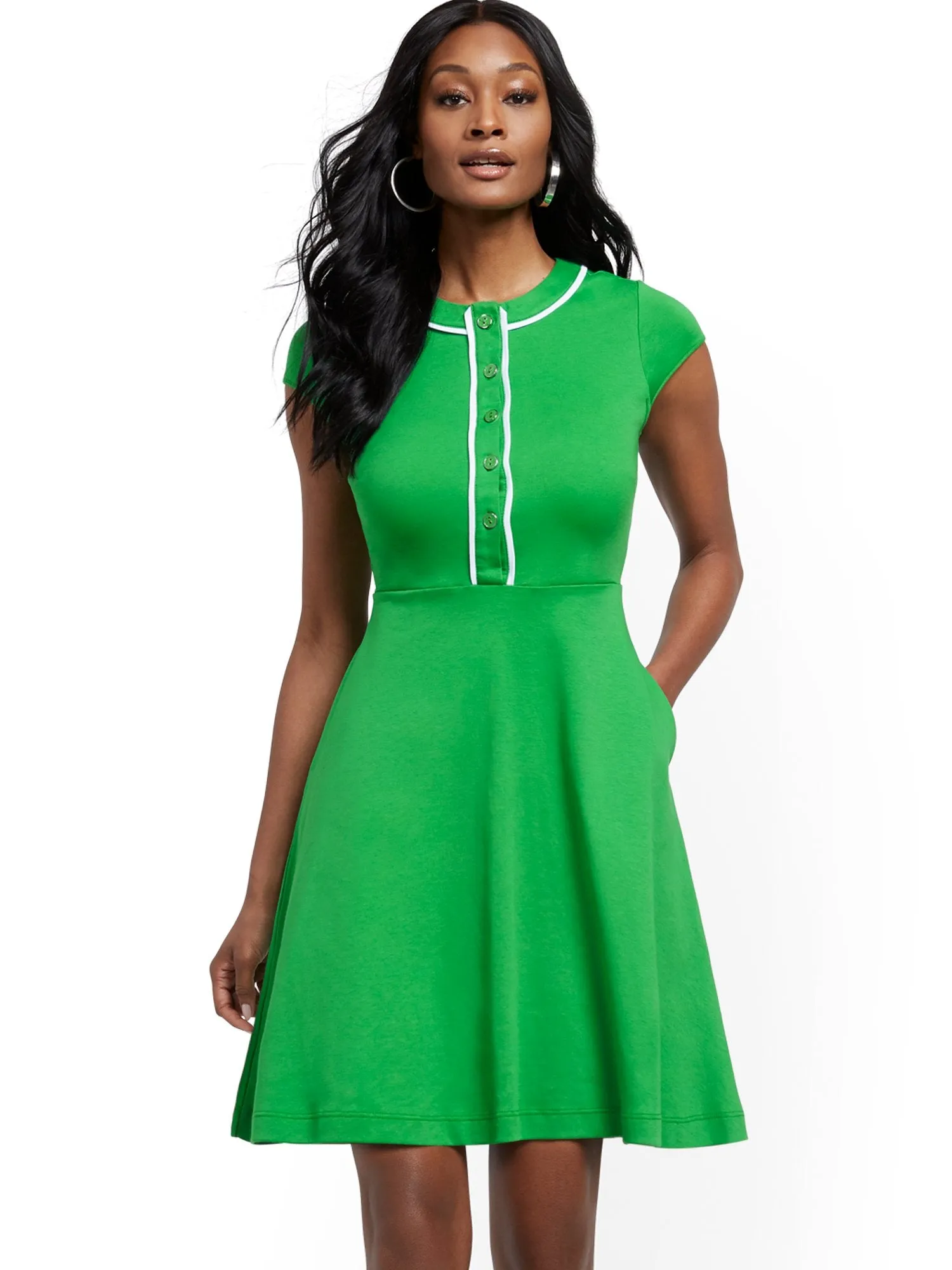 Cotton Button-Accent Fit and Flare Dress