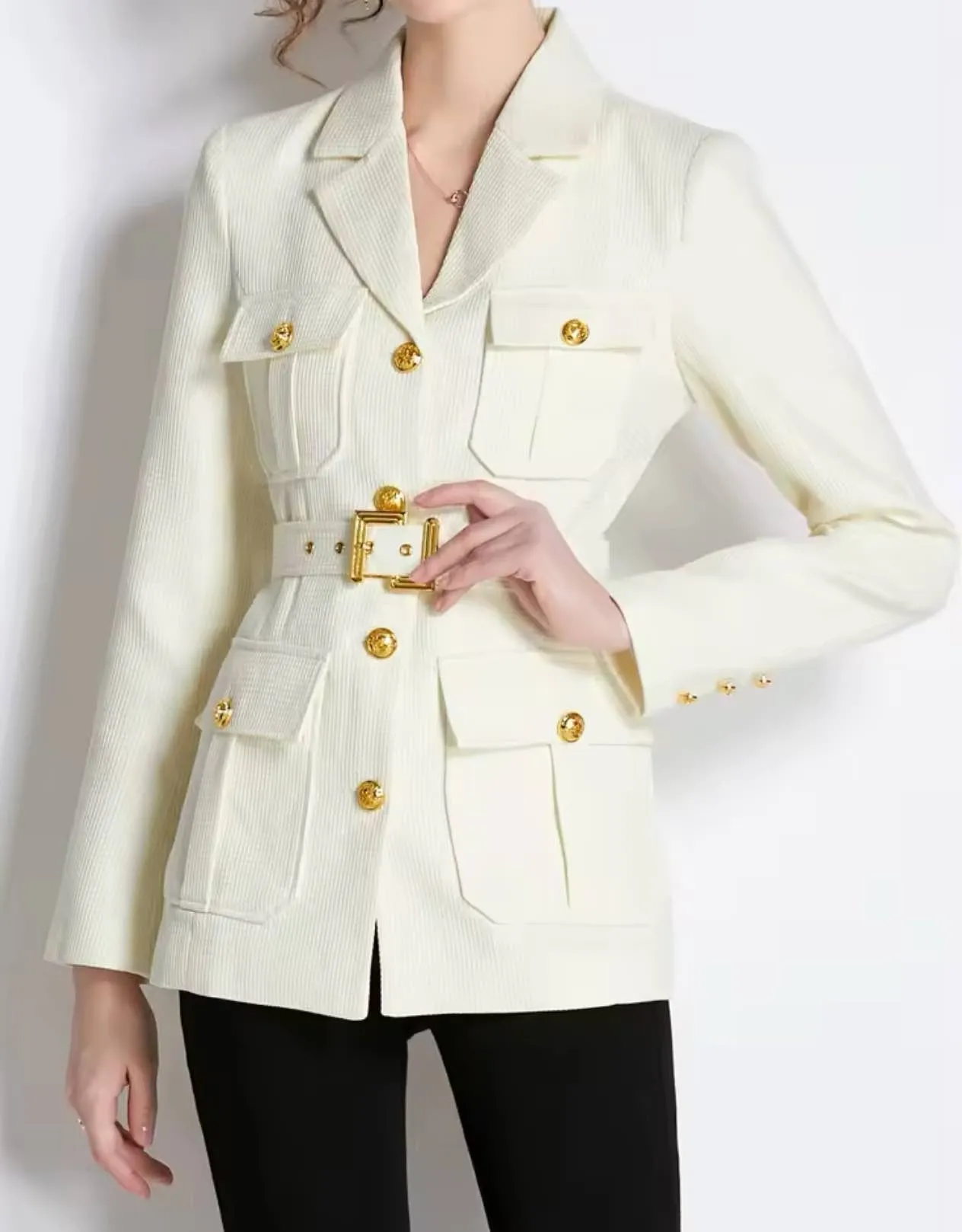 Double Breasted Gold Buttoned Blazer Coat