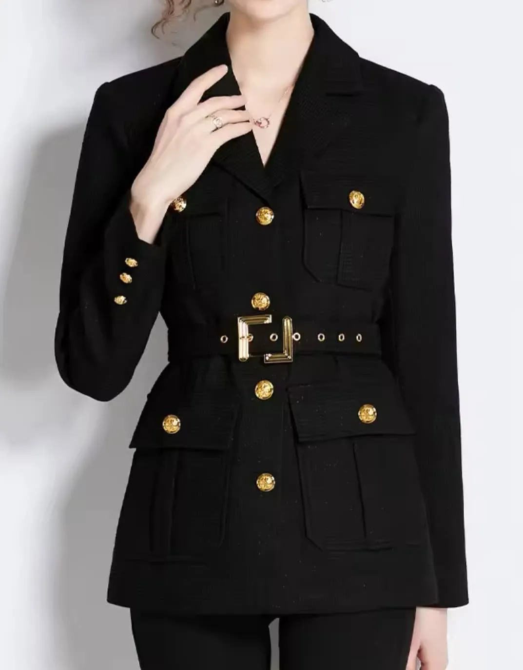 Double Breasted Gold Buttoned Blazer Coat