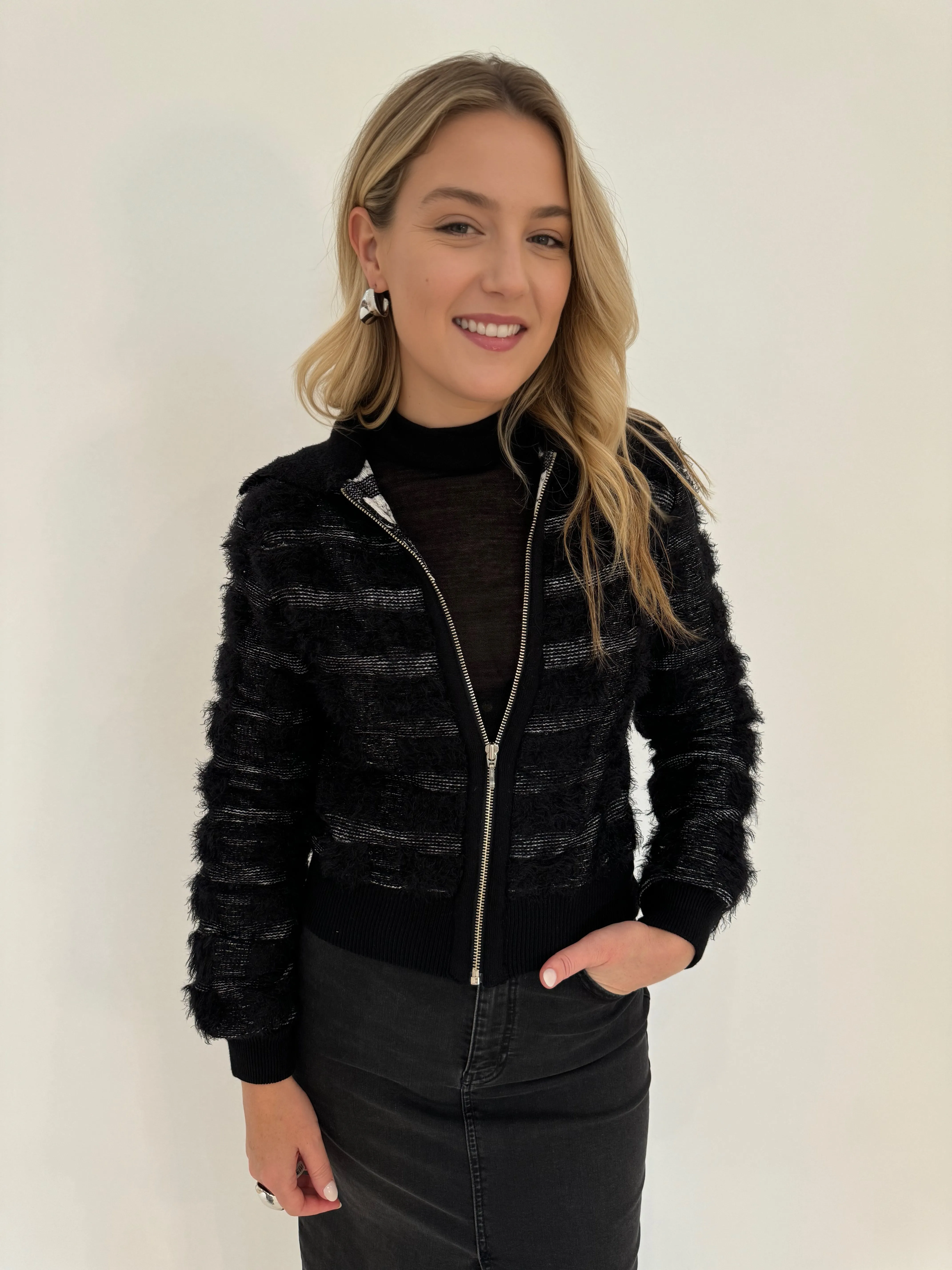 Ellie Fringe Check Zip-Up Sweater