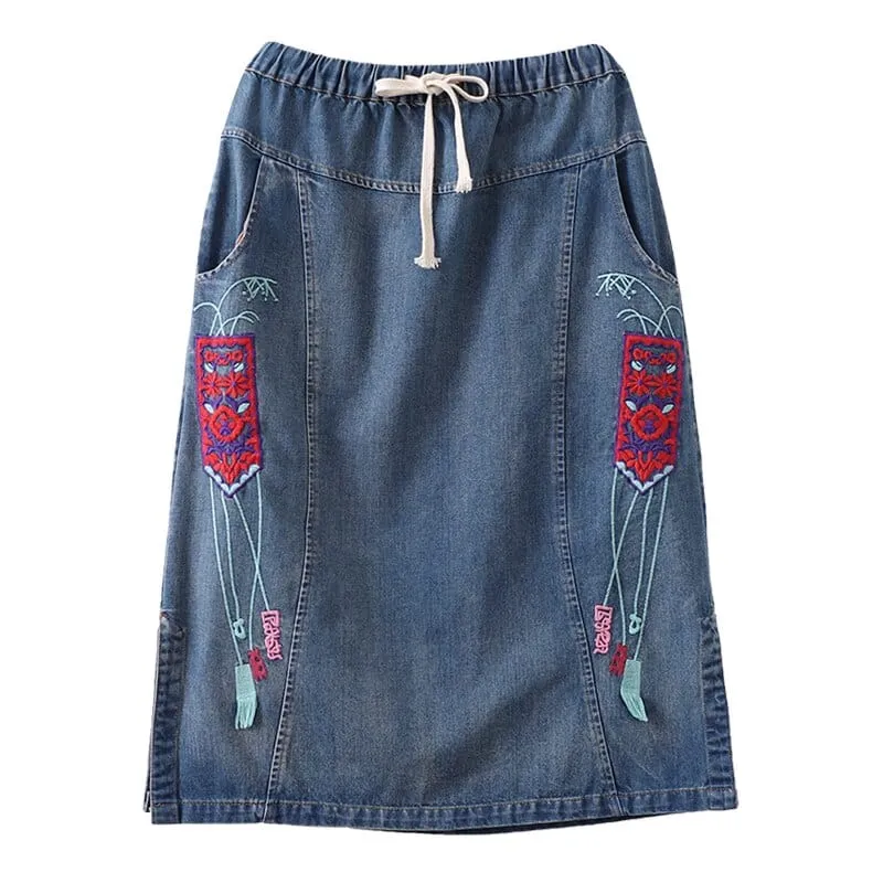 Embroidered Vintage Denim Skirt