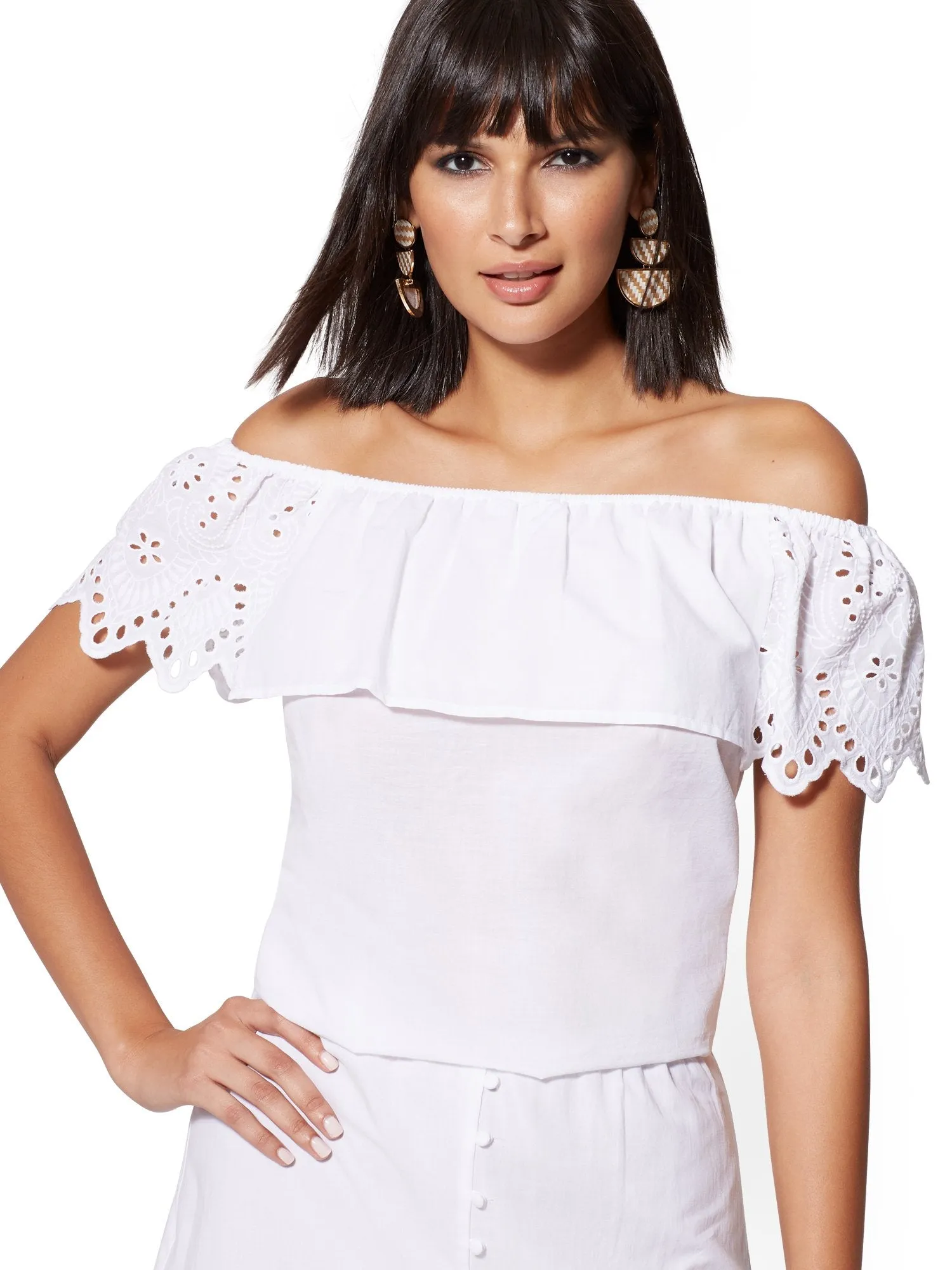 Eyelet-Overlay Off-The-Shoulder Blouse