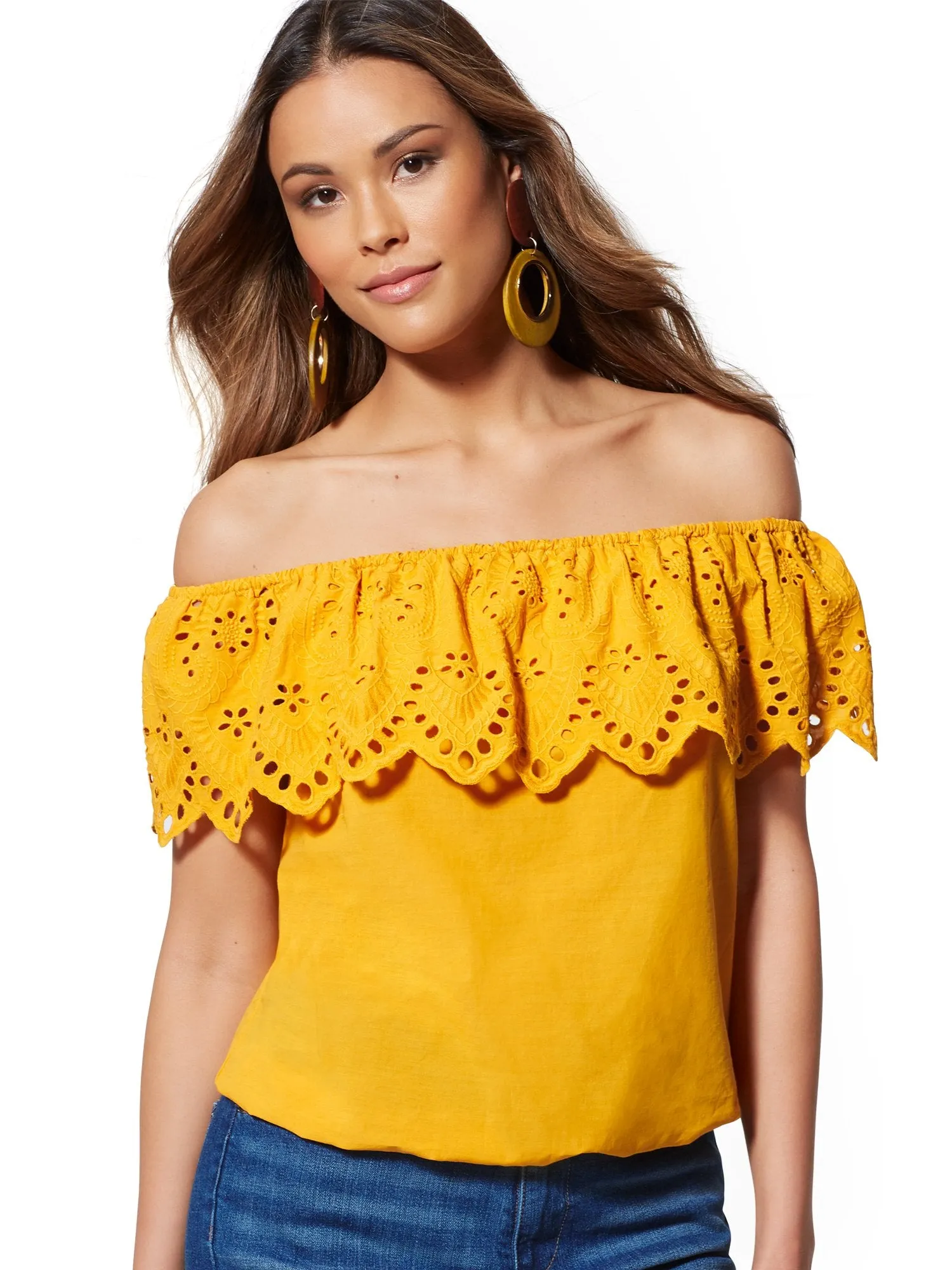 Eyelet-Overlay Off-The-Shoulder Blouse