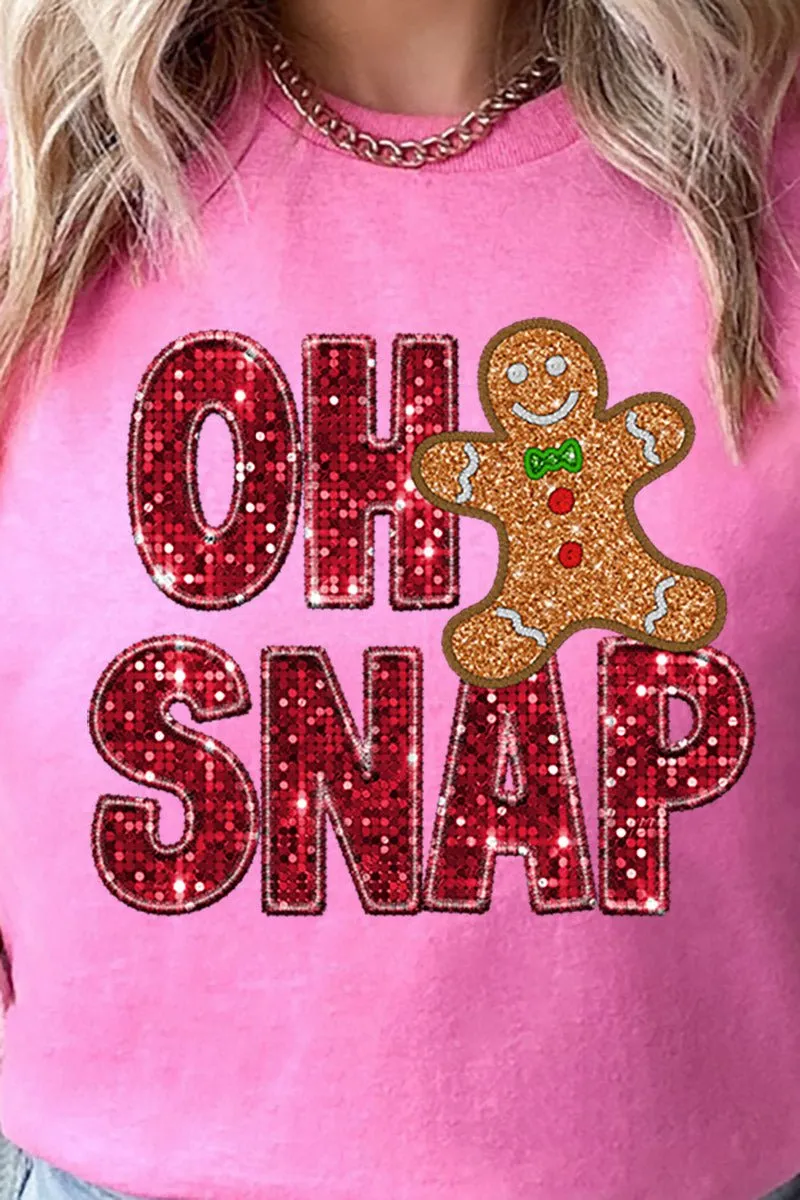 Faux Sequin Oh Snap Gingerbread Transfer Short Sleeve Relaxed Fit T-Shirt