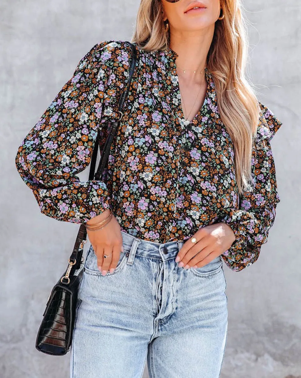 Floral Ruffled Bubble Sleeve Blouse