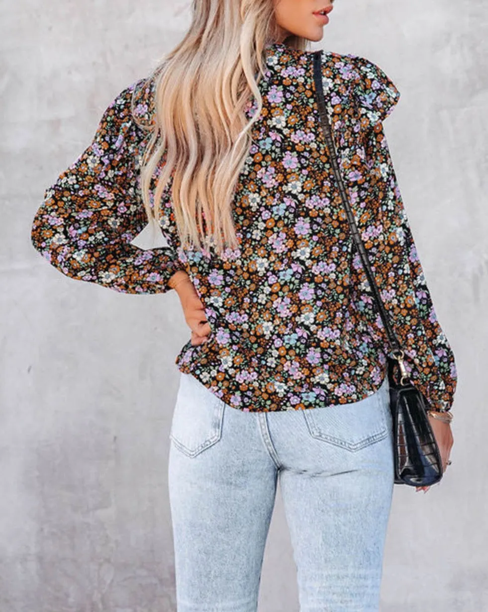 Floral Ruffled Bubble Sleeve Blouse