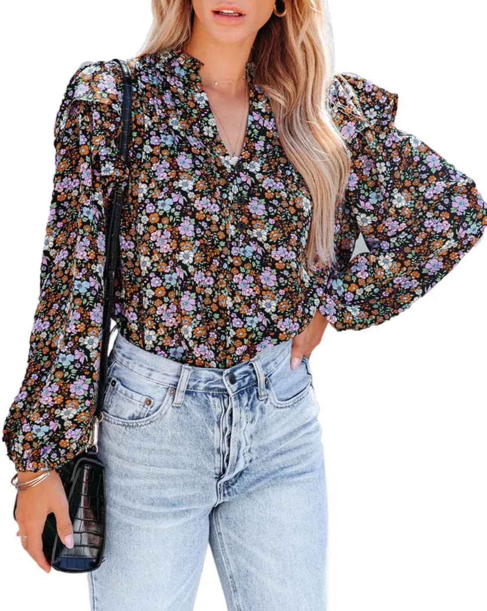 Floral Ruffled Bubble Sleeve Blouse