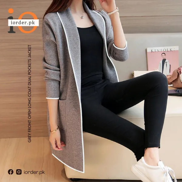 Grey Front Open Long Coat Dual Pockets Jacket