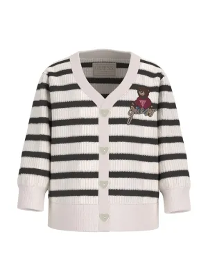 Guess Girls Striped Teddy Bear Cardigan in White