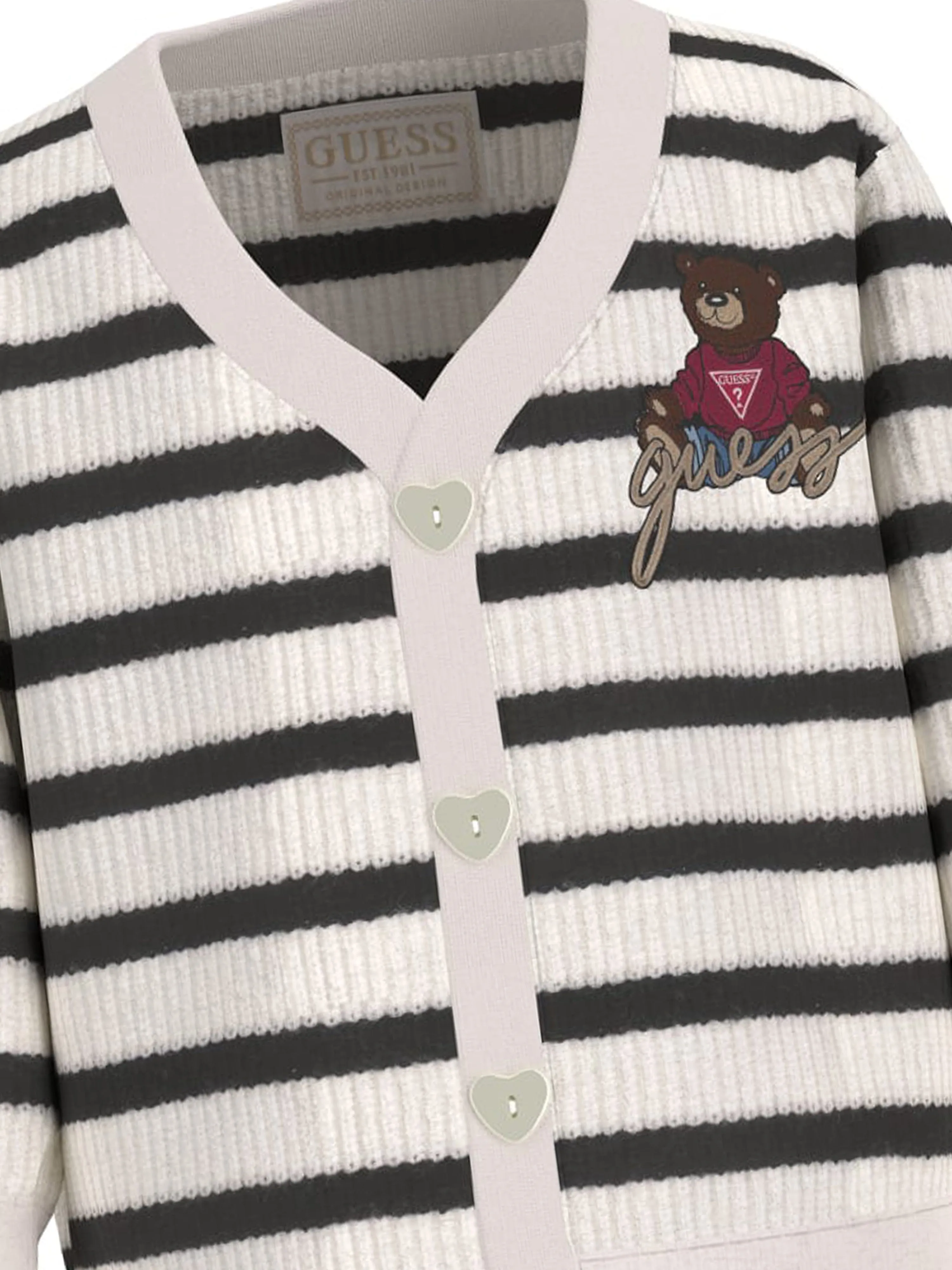 Guess Girls Striped Teddy Bear Cardigan in White