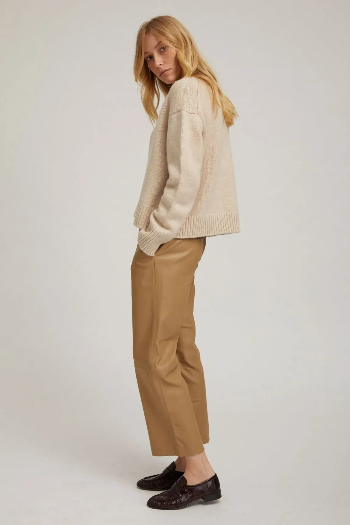 Khaki Leather Cropped Trousers