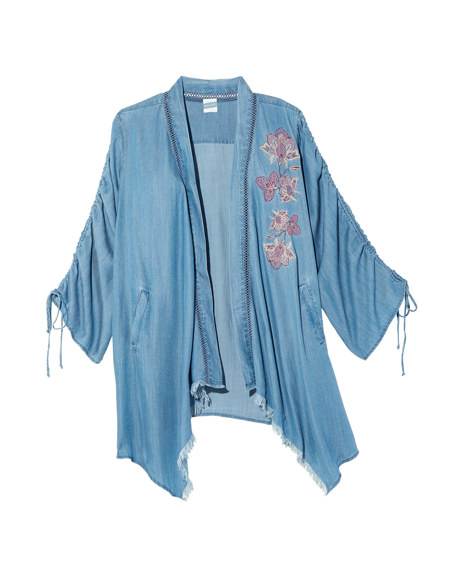 Kyla Ruched Sleeve Embroidered Kimono | Light Blue