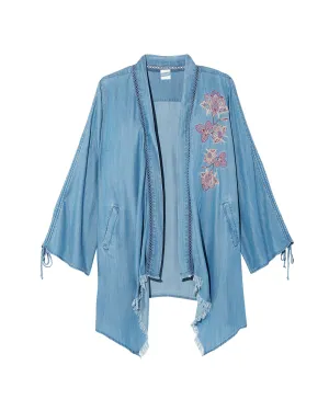 Kyla Ruched Sleeve Embroidered Kimono | Light Blue