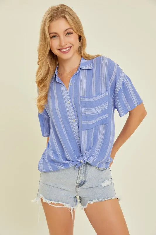 Light Airy Stripe Gauze Button Down Shirt in Ocean Blue