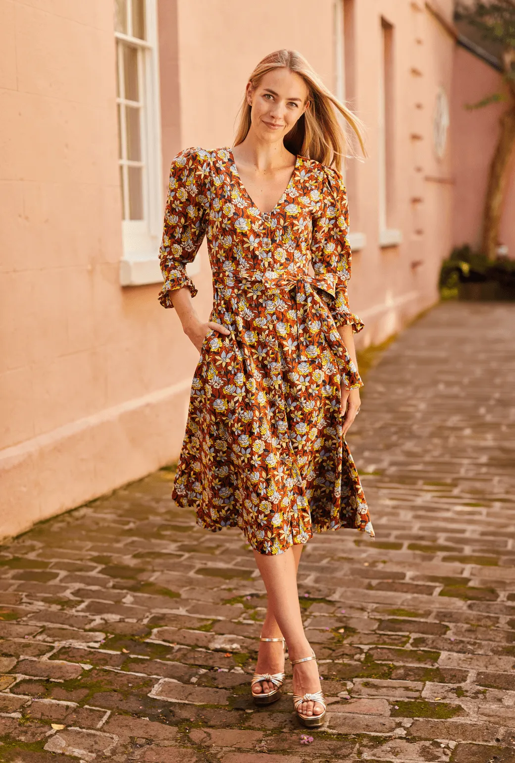 Long Sleeve Day Gown - MIDI - Bronze Floral