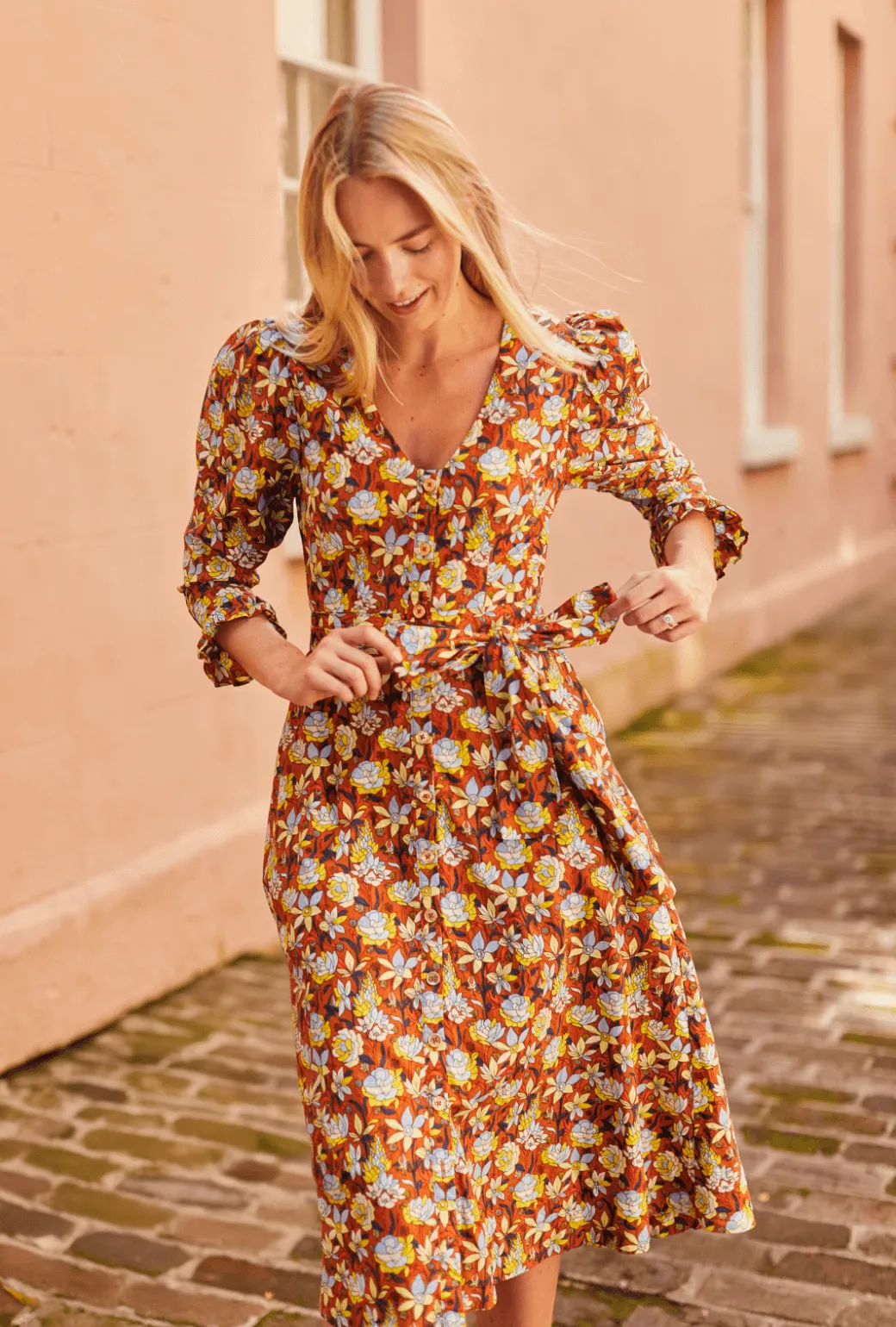 Long Sleeve Day Gown - MIDI - Bronze Floral