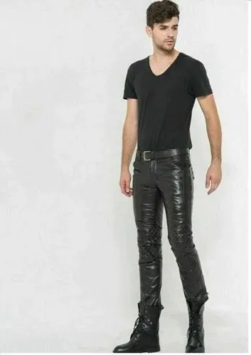 Men’s Slim Fit Lambskin Leather Pants with Quilted Knees MP38