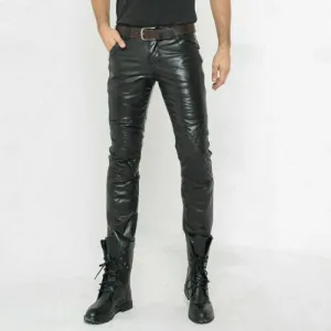 Men’s Slim Fit Lambskin Leather Pants with Quilted Knees MP38