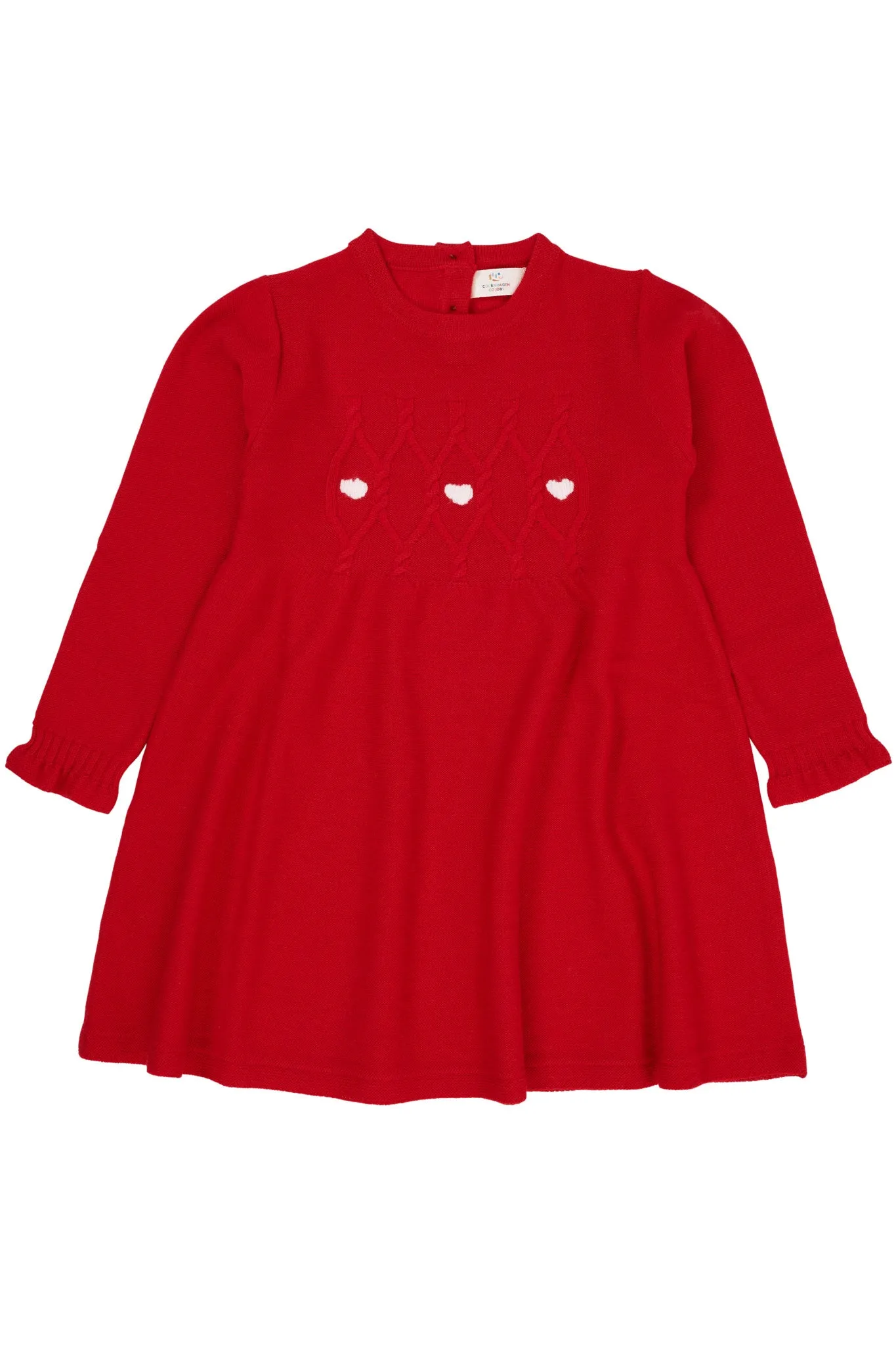 MERINO LS CABLE DRESS W. HEARTS - RED/DUSTY ROSE COMBI