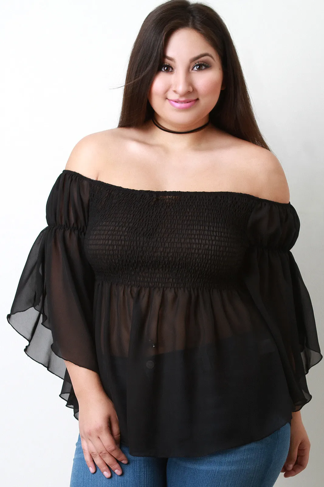 Off The Shoulder Chiffon Long Sleeve Top