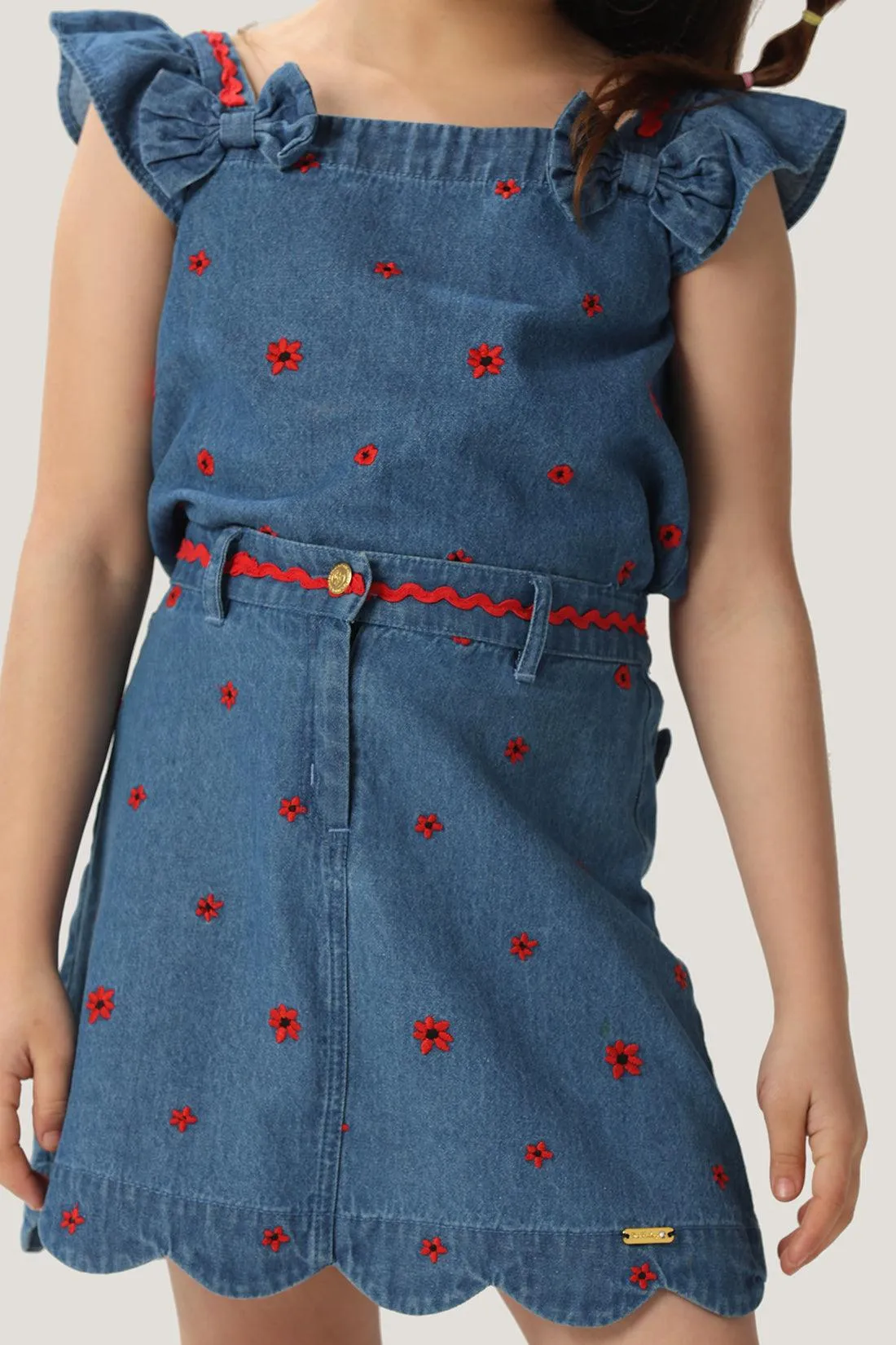 One Friday Kids Girls Indigo Blue Embroidered Denim Skirt With Front Button Opening