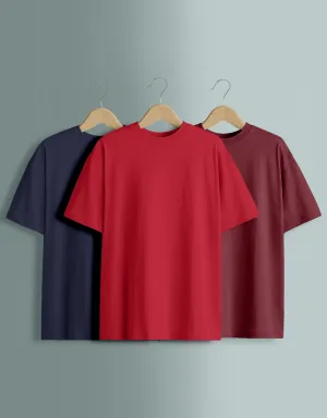 Pack of 3 Oversized Tees: Maroon & Navy & Red