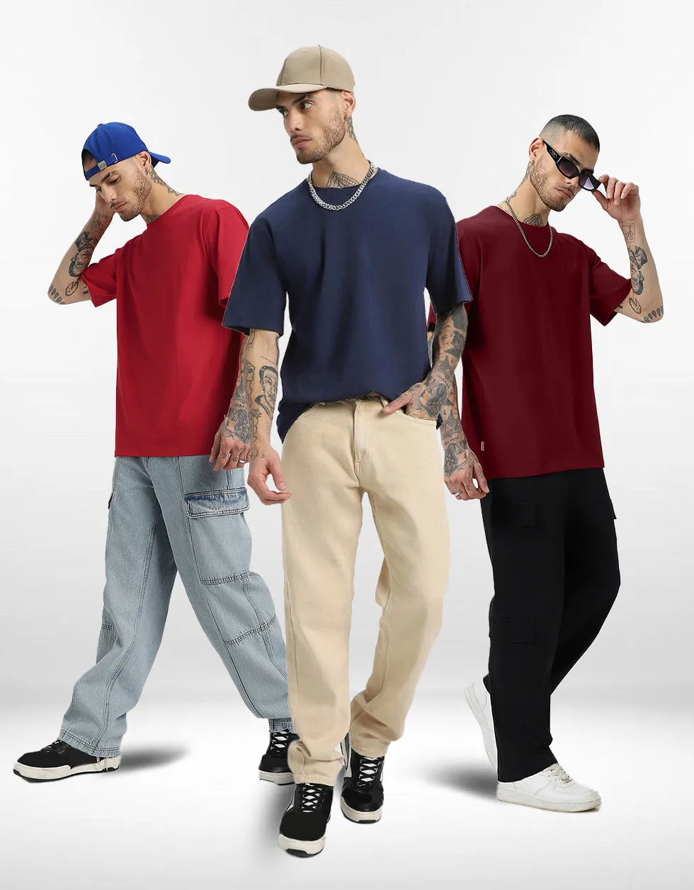 Pack of 3 Oversized Tees: Maroon & Navy & Red