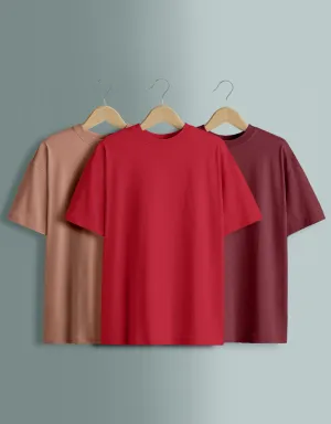 Pack of 3 Oversized Tees: Maroon & Red & Cork