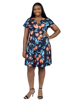 Plus Size Tulip Print V Neck Empire Waist Kimono Cap Sleeve Knee Length Dress