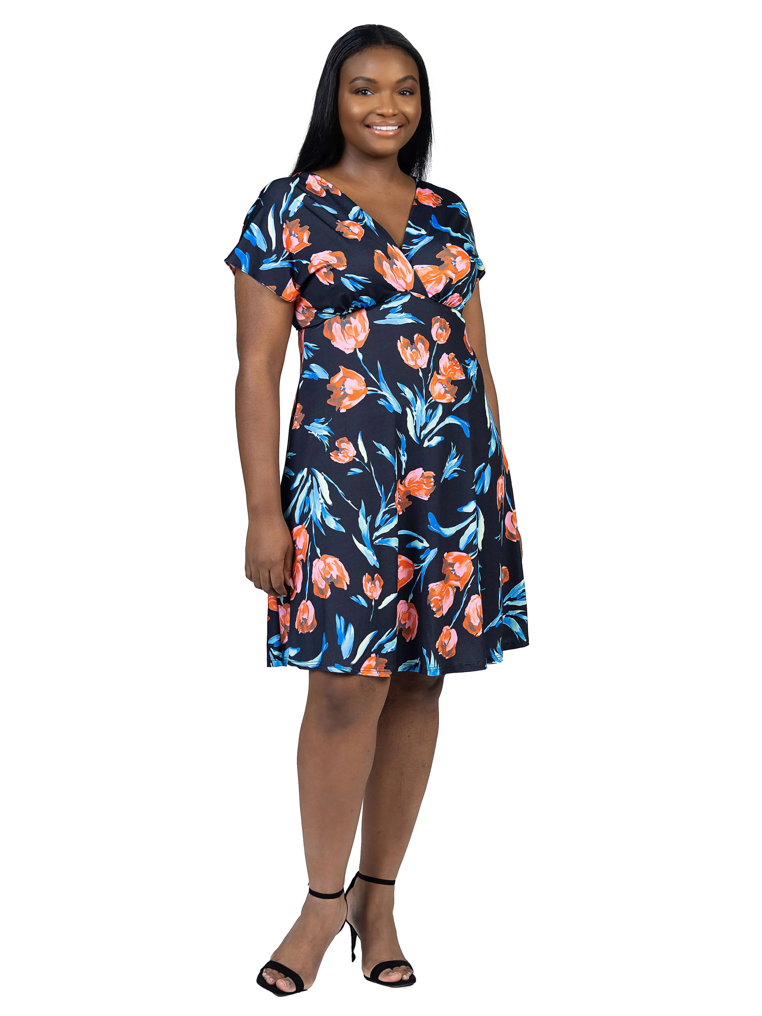 Plus Size Tulip Print V Neck Empire Waist Kimono Cap Sleeve Knee Length Dress