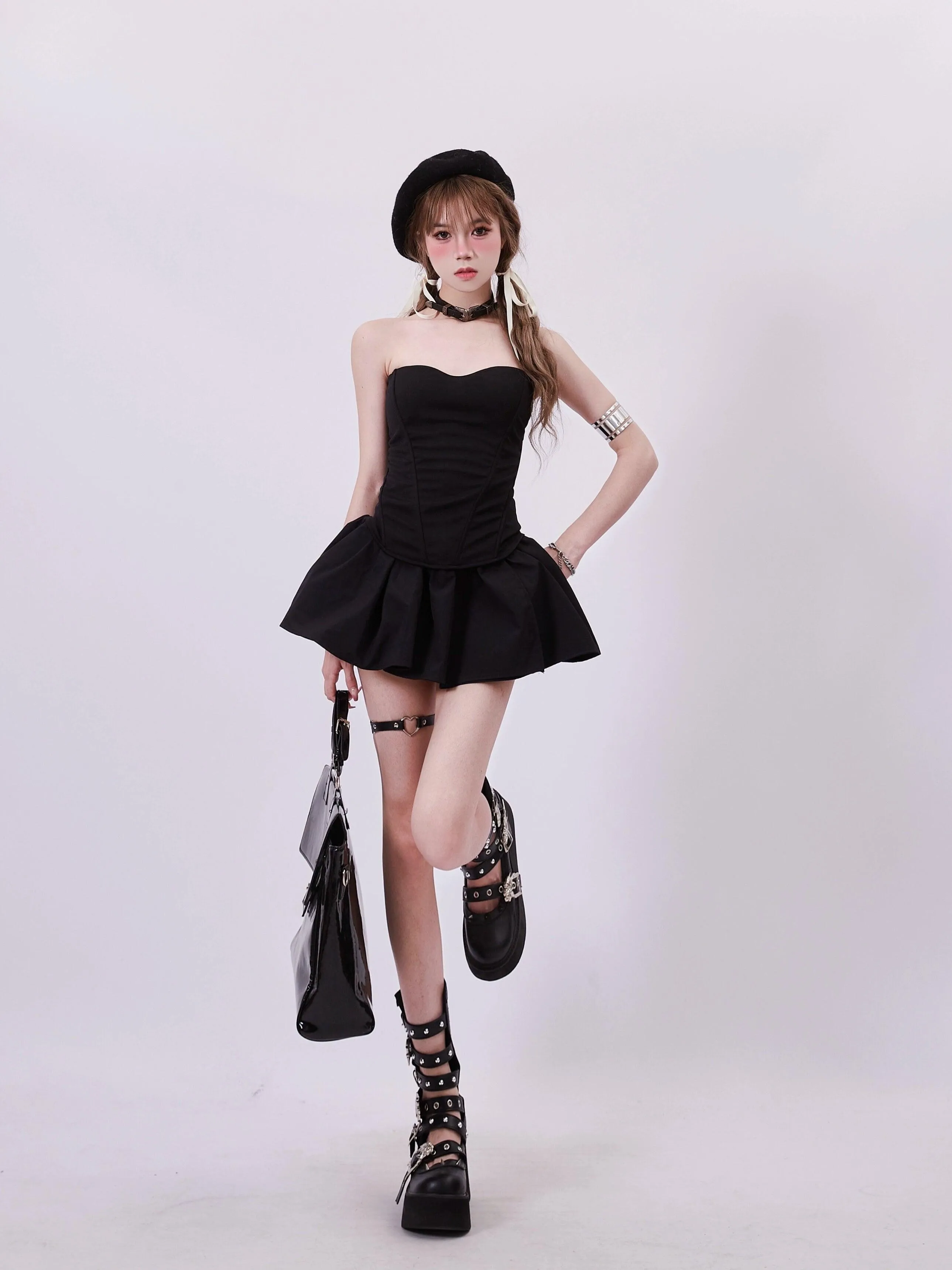 Rayohopp High-Waisted Flared Mini Skirt - Solid Black Skater Style With Elastic Waistband