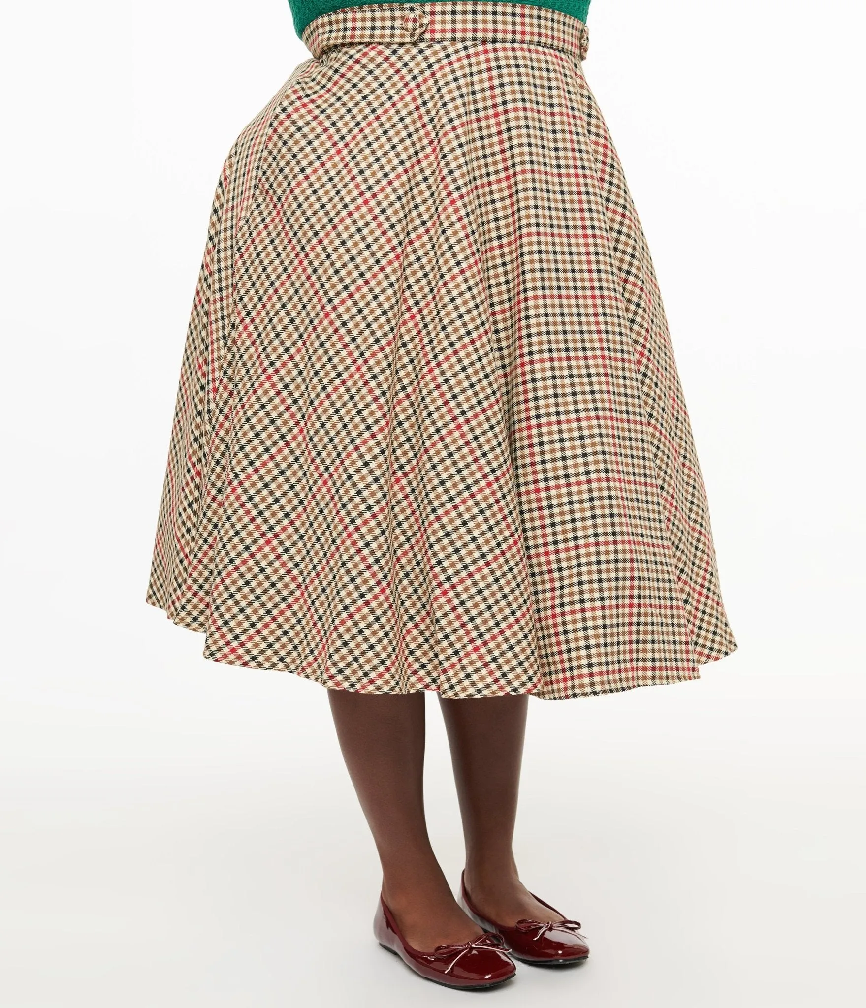 Royal Monk Plus Size 1950s Beige & Black Check Hilda Swing Skirt