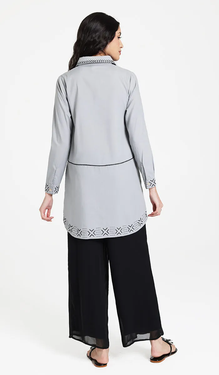 Sahara Embroidered Cotton feel Modest Button-down Tunic - Pearl