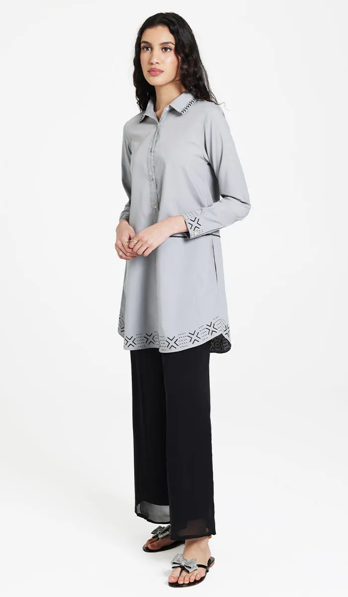 Sahara Embroidered Cotton feel Modest Button-down Tunic - Pearl