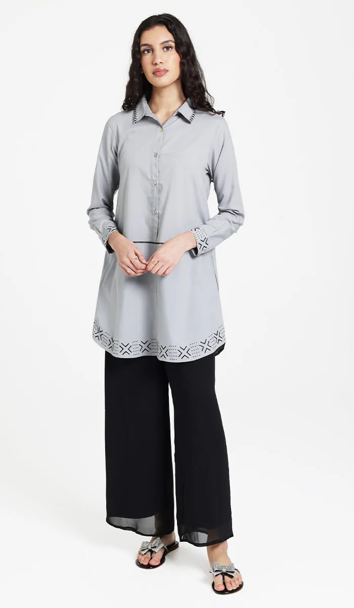 Sahara Embroidered Cotton feel Modest Button-down Tunic - Pearl