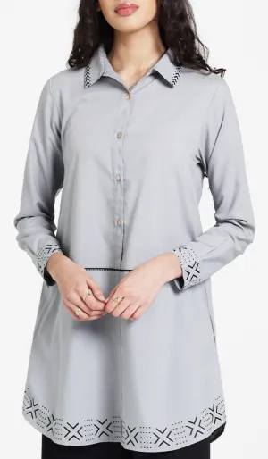 Sahara Embroidered Cotton feel Modest Button-down Tunic - Pearl