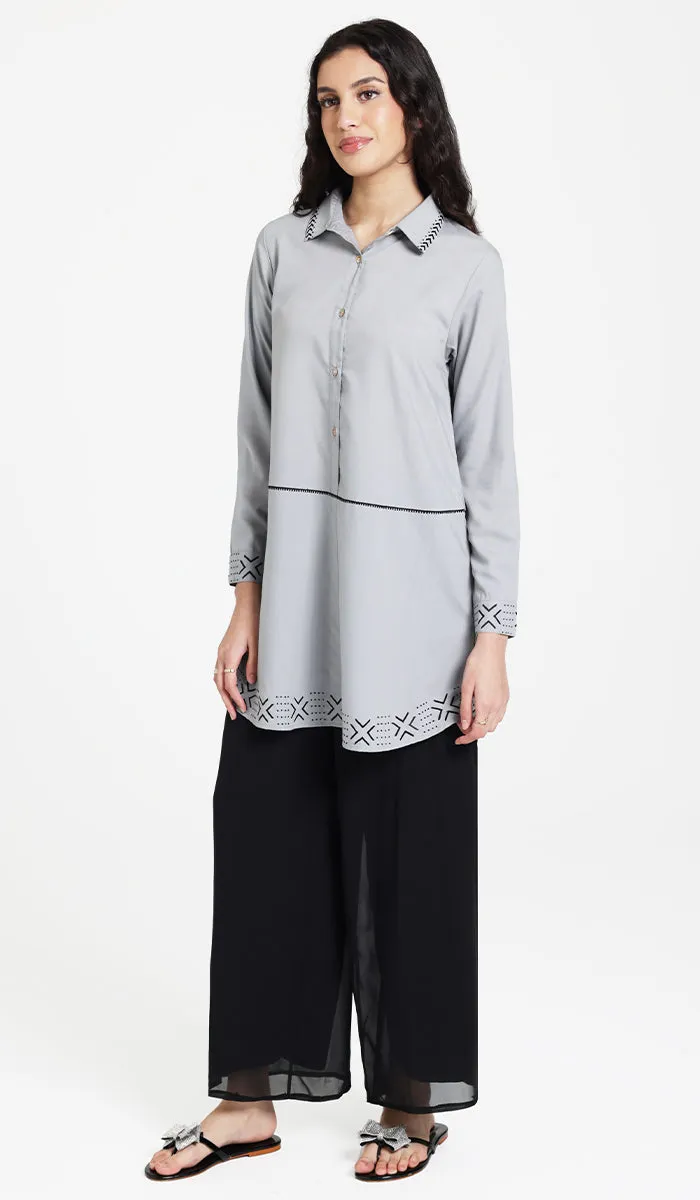 Sahara Embroidered Cotton feel Modest Button-down Tunic - Pearl