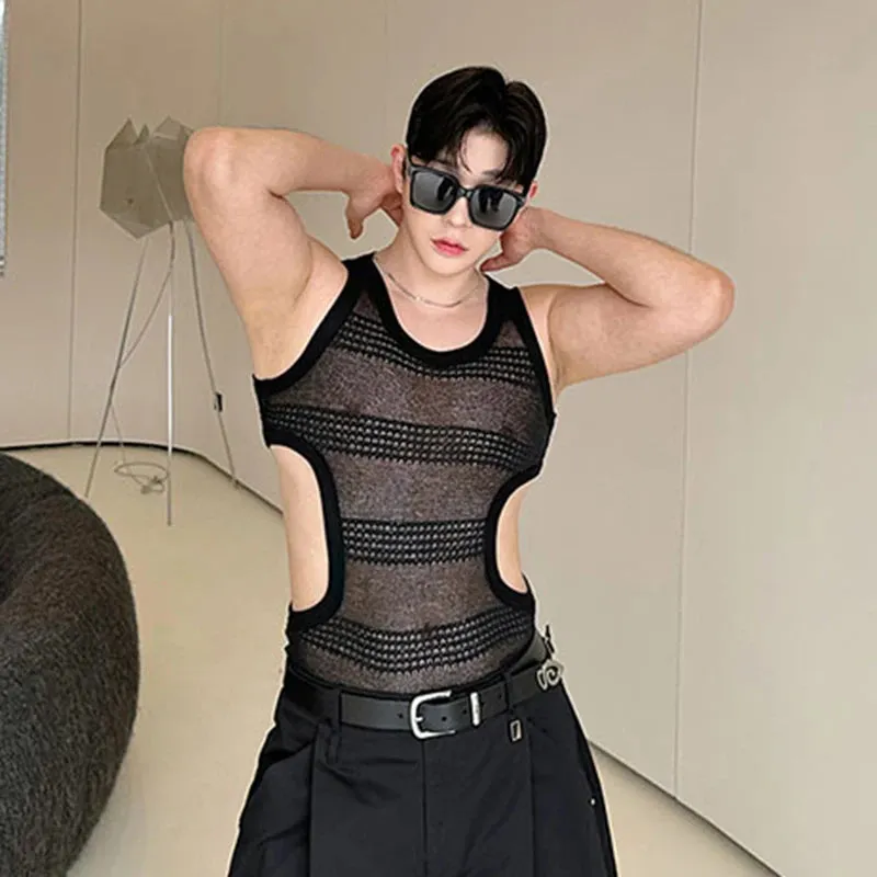 Summer Slim-fit Vest Sexy Men's Wear Hollowed Side Waist Round Collar Male Vests new Fashion Male Sleeveless Top 9C5939