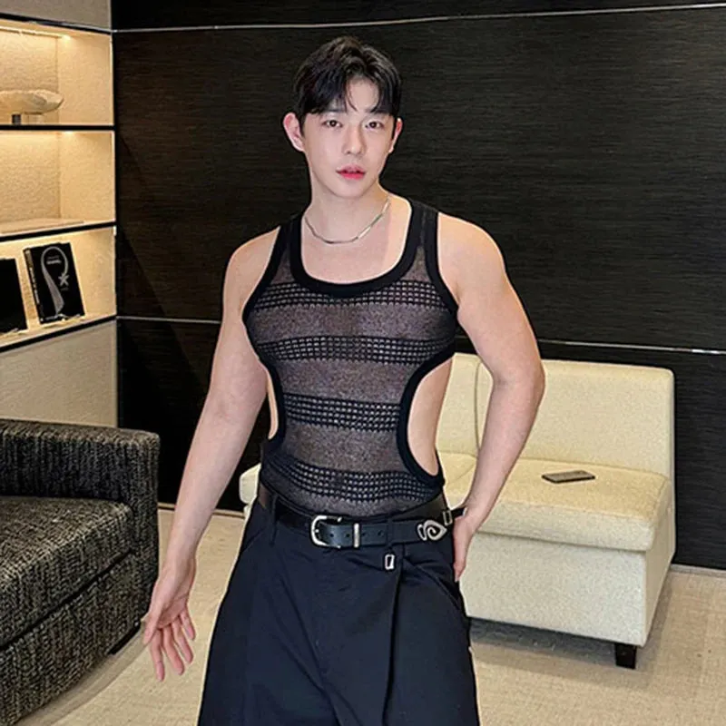 Summer Slim-fit Vest Sexy Men's Wear Hollowed Side Waist Round Collar Male Vests new Fashion Male Sleeveless Top 9C5939