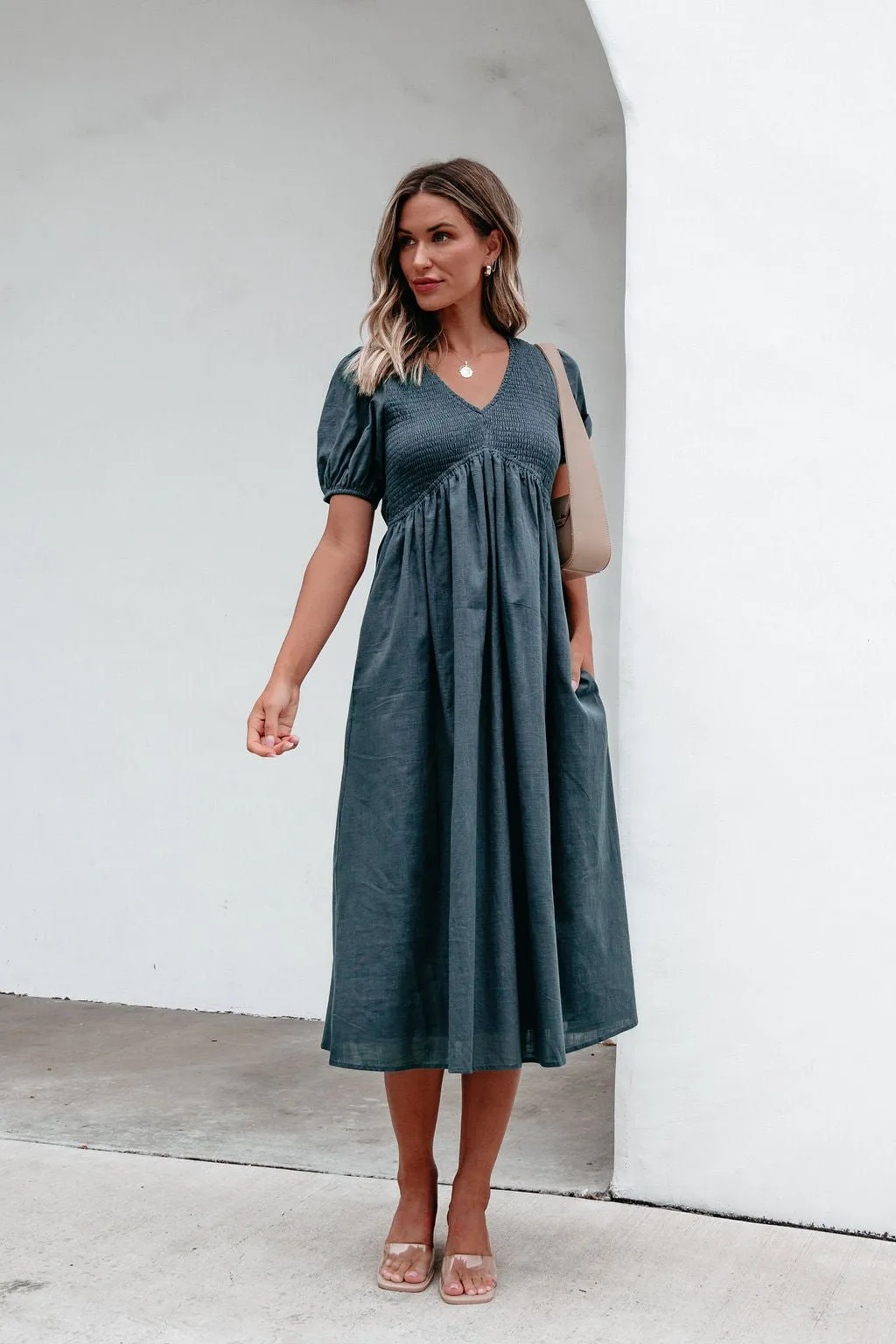 Teal Puff Sleeve Textured Midi Dress - FINAL SALE