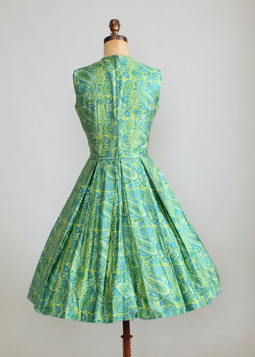 Vintage Early 1960s Teal and Yellow Paisley Day Dress