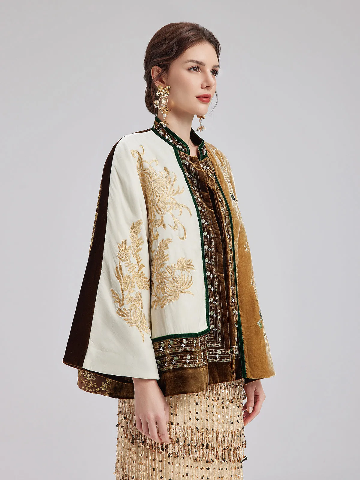 Vintage Silk Velvet Embroidered Tweed Chinese Style Jacket