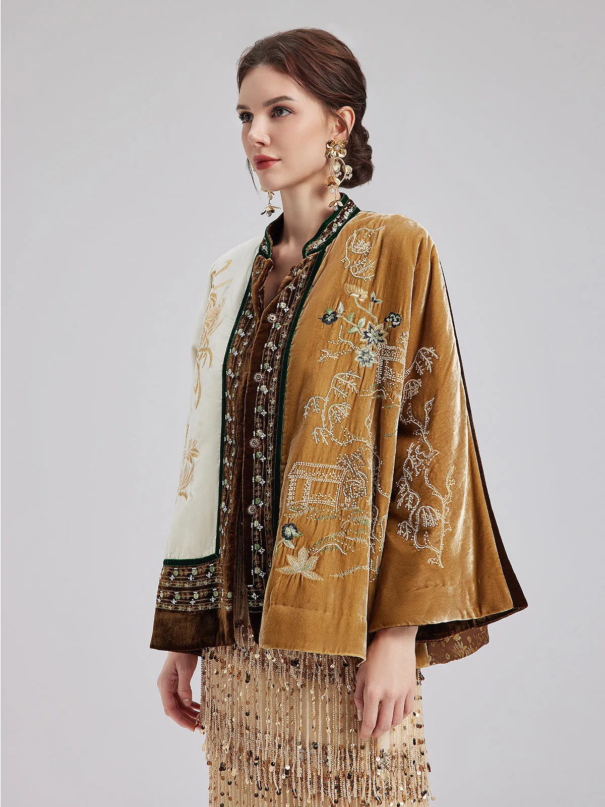 Vintage Silk Velvet Embroidered Tweed Chinese Style Jacket