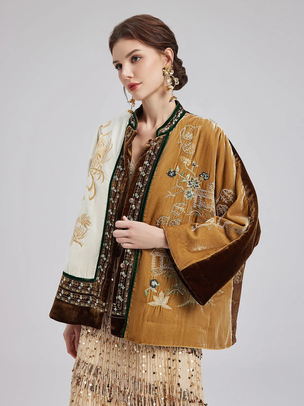 Vintage Silk Velvet Embroidered Tweed Chinese Style Jacket